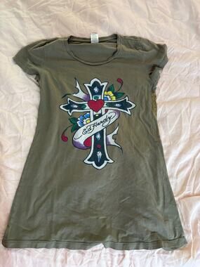 Ed Hardy Y2K Gothic Cross Tattoo Graphic Tee Olive Green Grunge Fairycore skater